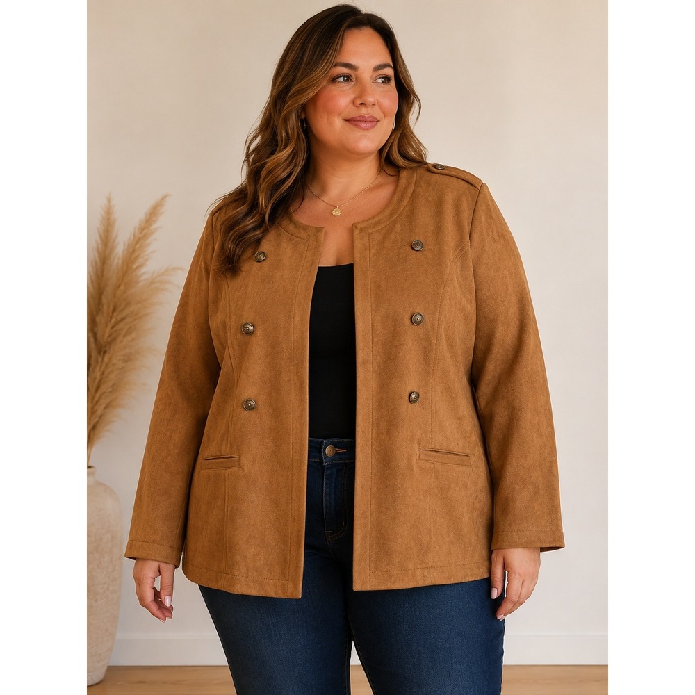 Tahari Faux Suede‎ Jacket Women 3X Brown Military Epaulette Double Breasted Open